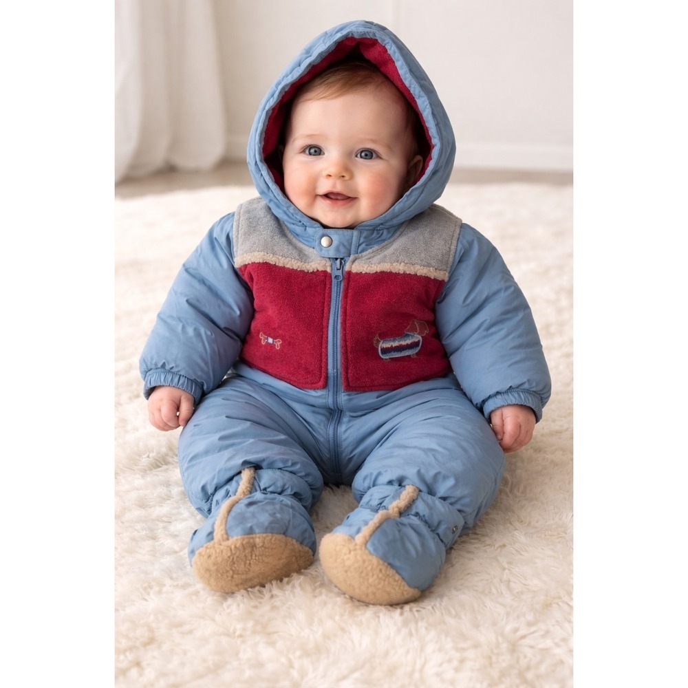 Vintage Baby Beginnings‎ Snowsuit Boys Blue 12 Month Puppy Vest Booties Thick